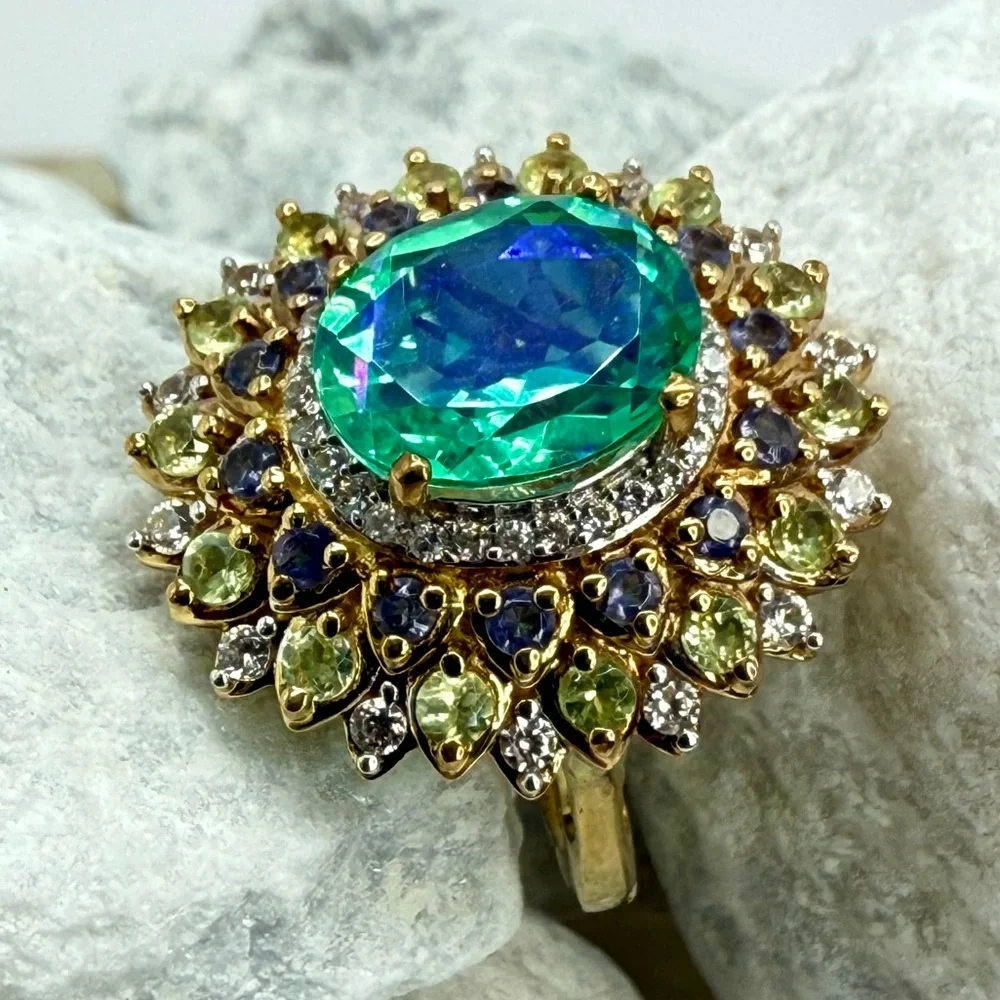 NWT Peacock Quartz Multi-Gem Dahlia Floral Ring Vermeil Gold over 925 4.15ctw